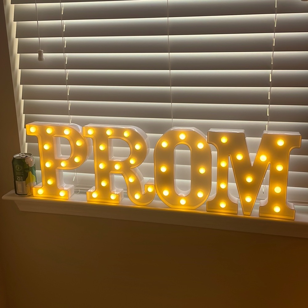 Marquee letters P R O M, 9” with lights.